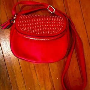 Red Faux Leather with Gold Round Studs Fashion Crossbody HandBag